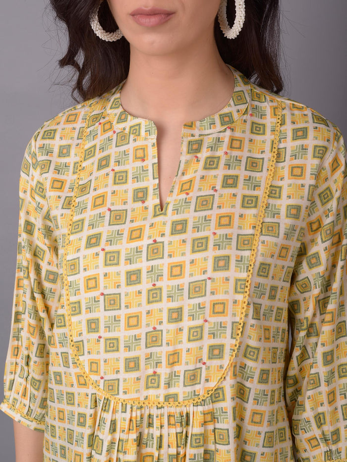 Women Mustard Liva (Rayon) Geometric Printed Tunic.