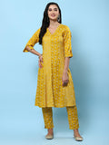 Women Mustard Ornamental Printed Kurta With Trouser.