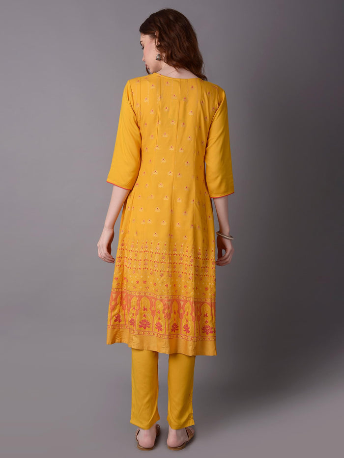 Women Mustard Ornamental Printed Kurta With Trouser.