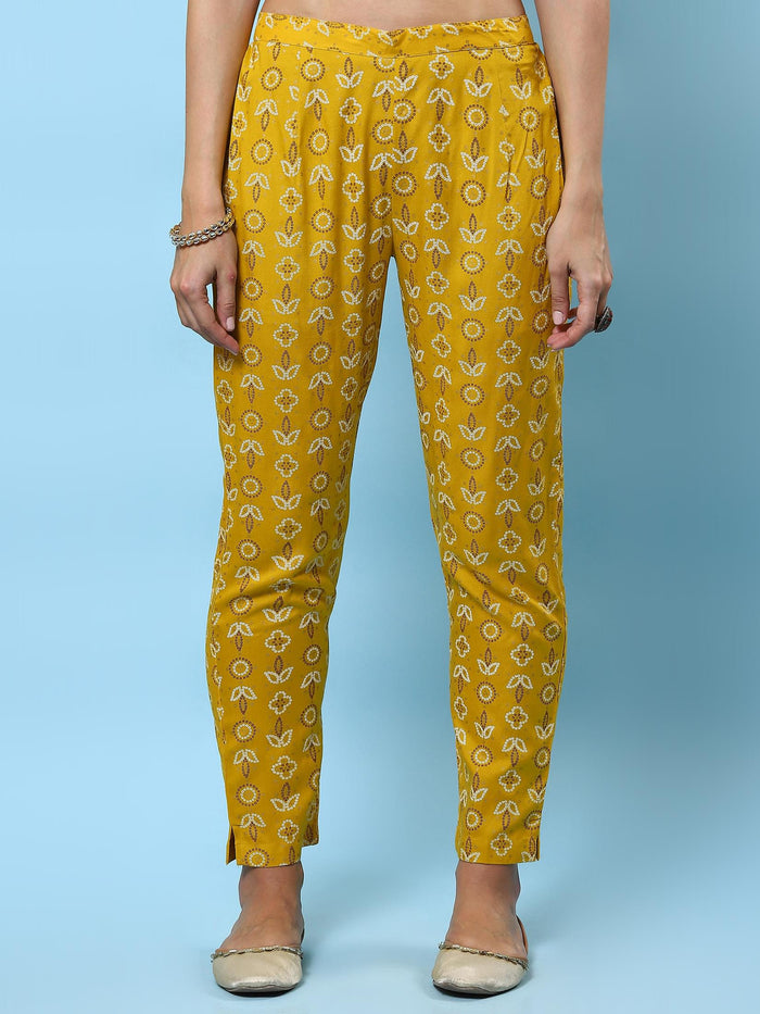 Women Mustard Ornamental Printed Kurta With Trouser.