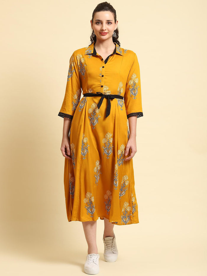 Women Mustard Printed Dress.