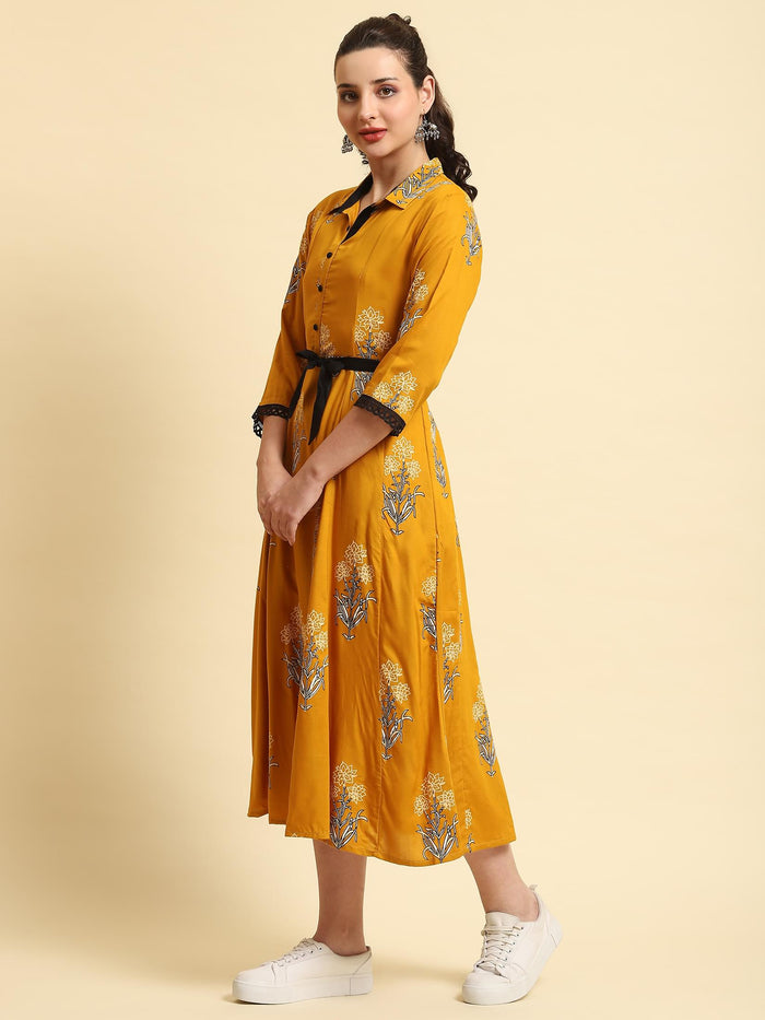 Women Mustard Printed Dress.