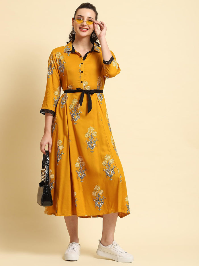 Women Mustard Printed Dress.