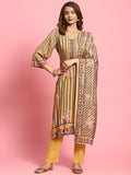 Women Mustard Stripe Printed Kurta Trouser Dupatta.