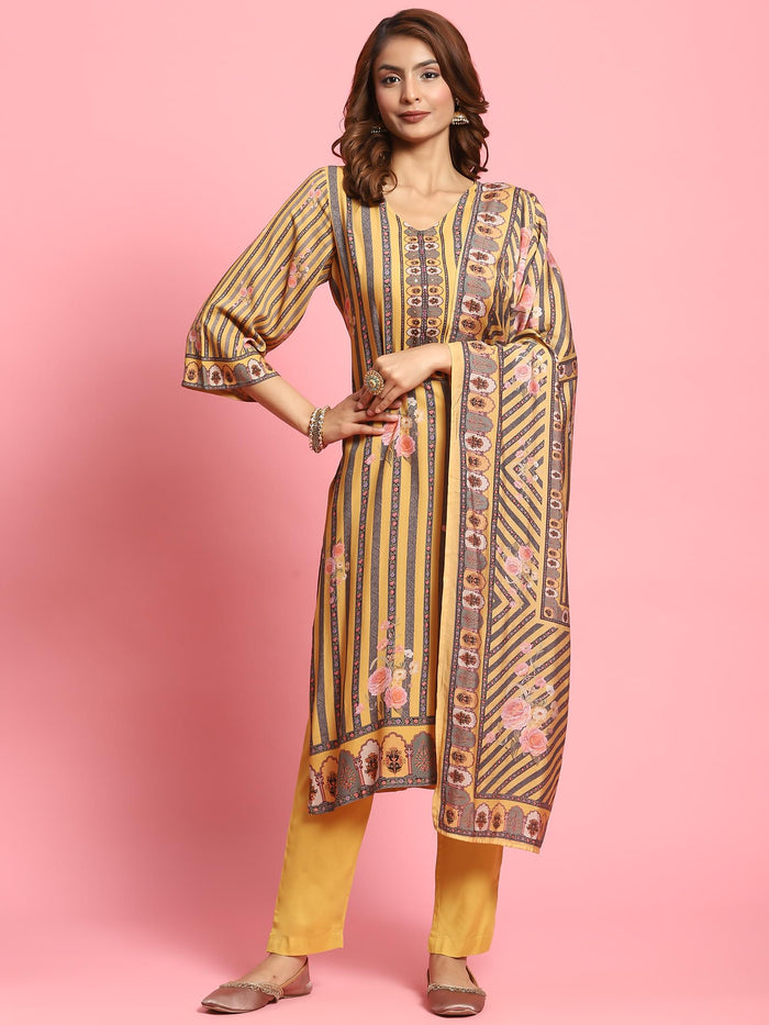 Women Mustard Stripe Printed Kurta Trouser Dupatta.