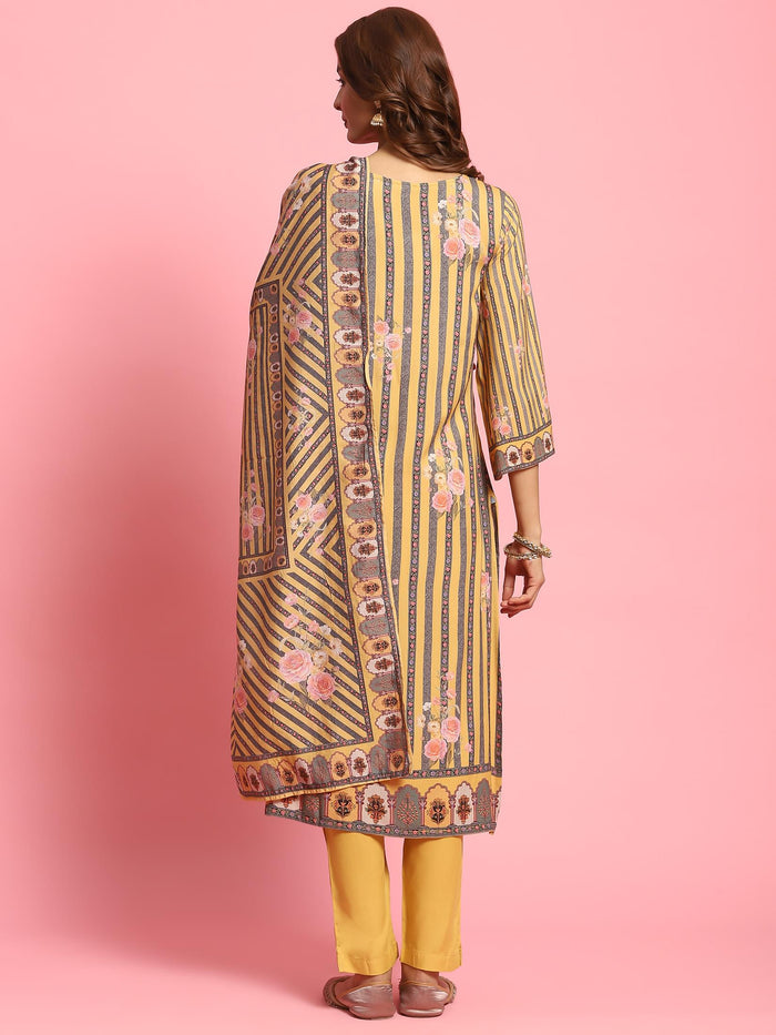 Women Mustard Stripe Printed Kurta Trouser Dupatta.