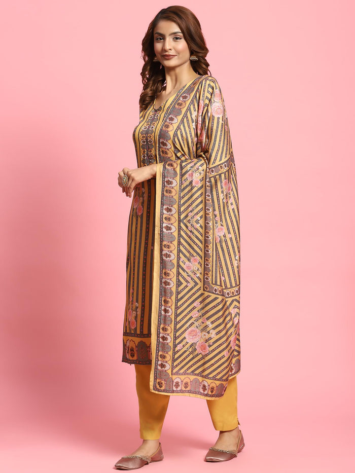 Women Mustard Stripe Printed Kurta Trouser Dupatta.
