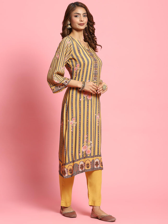 Women Mustard Stripe Printed Kurta Trouser Dupatta.