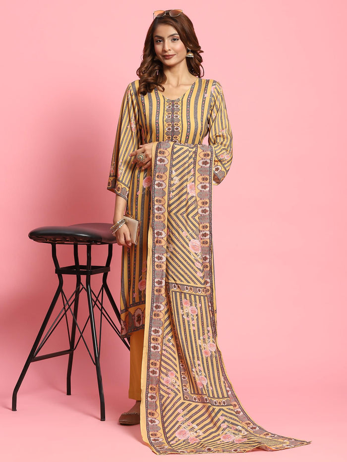Women Mustard Stripe Printed Kurta Trouser Dupatta.