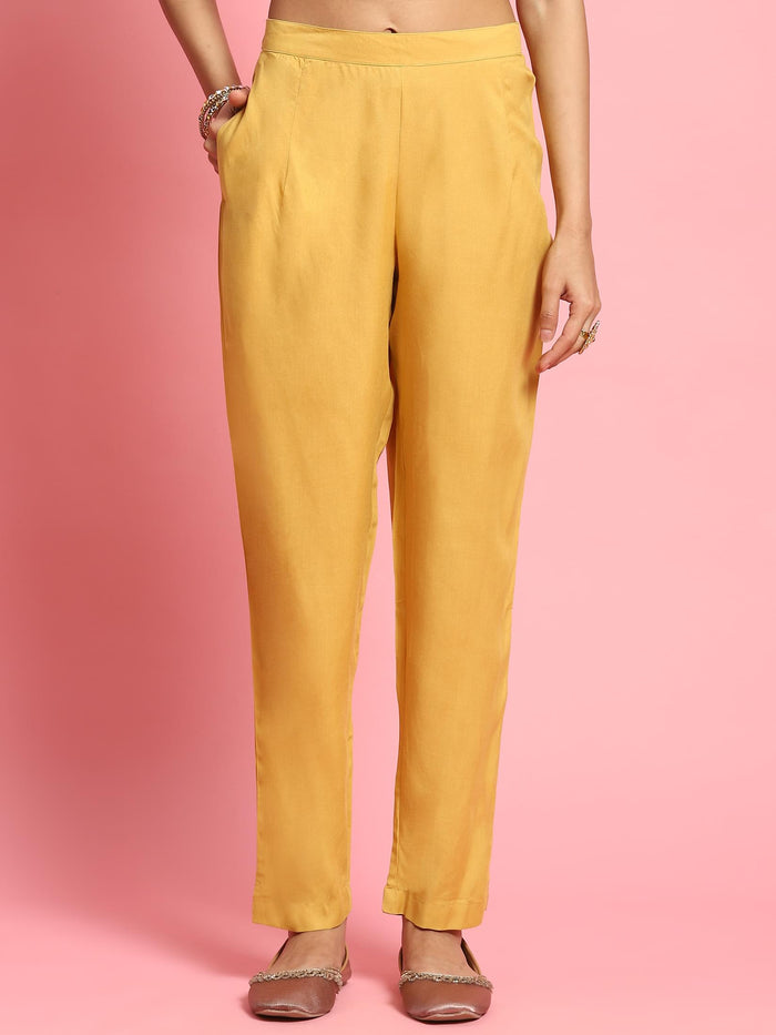 Women Mustard Stripe Printed Kurta Trouser Dupatta.