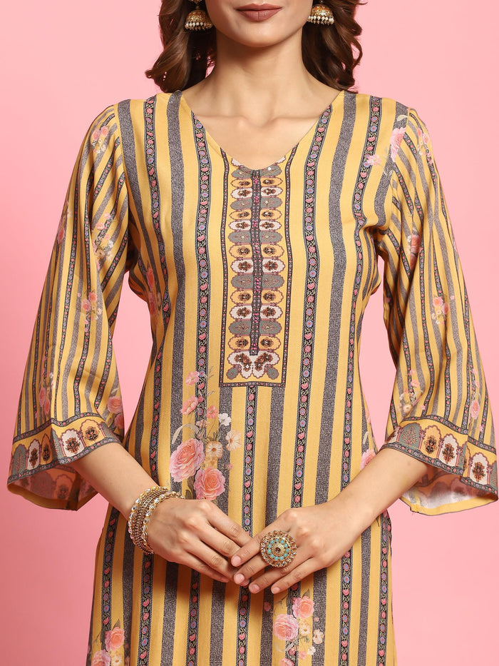 Women Mustard Stripe Printed Kurta Trouser Dupatta.