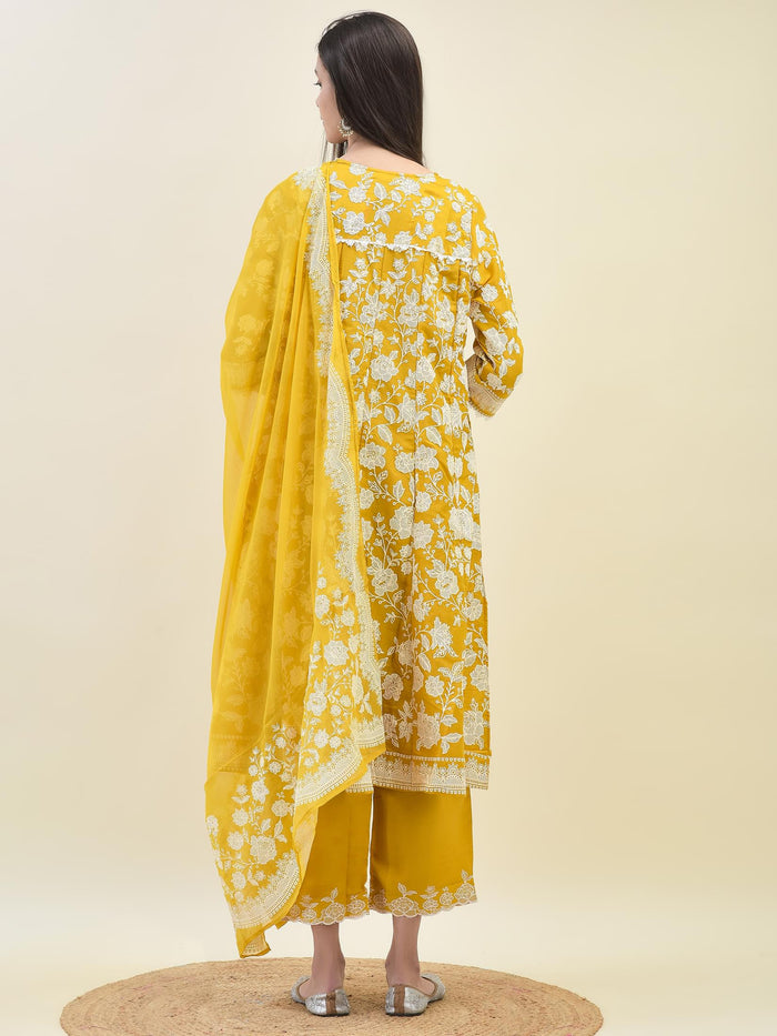 Women Mustard Yellow Chiffon Kurta Comfort Pant Dupatta.