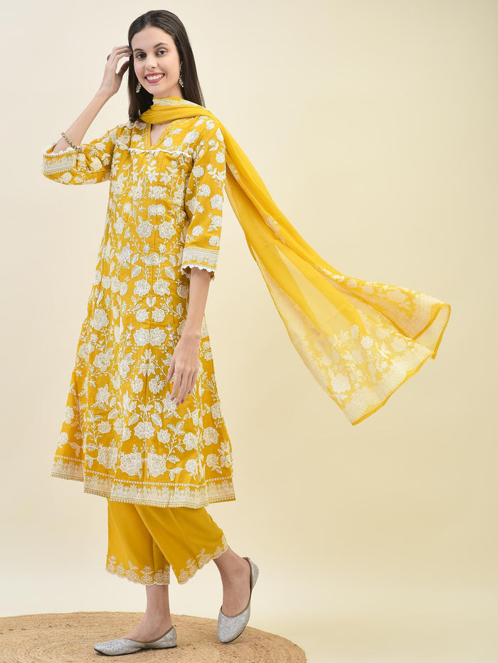 Women Mustard Yellow Chiffon Kurta Comfort Pant Dupatta.