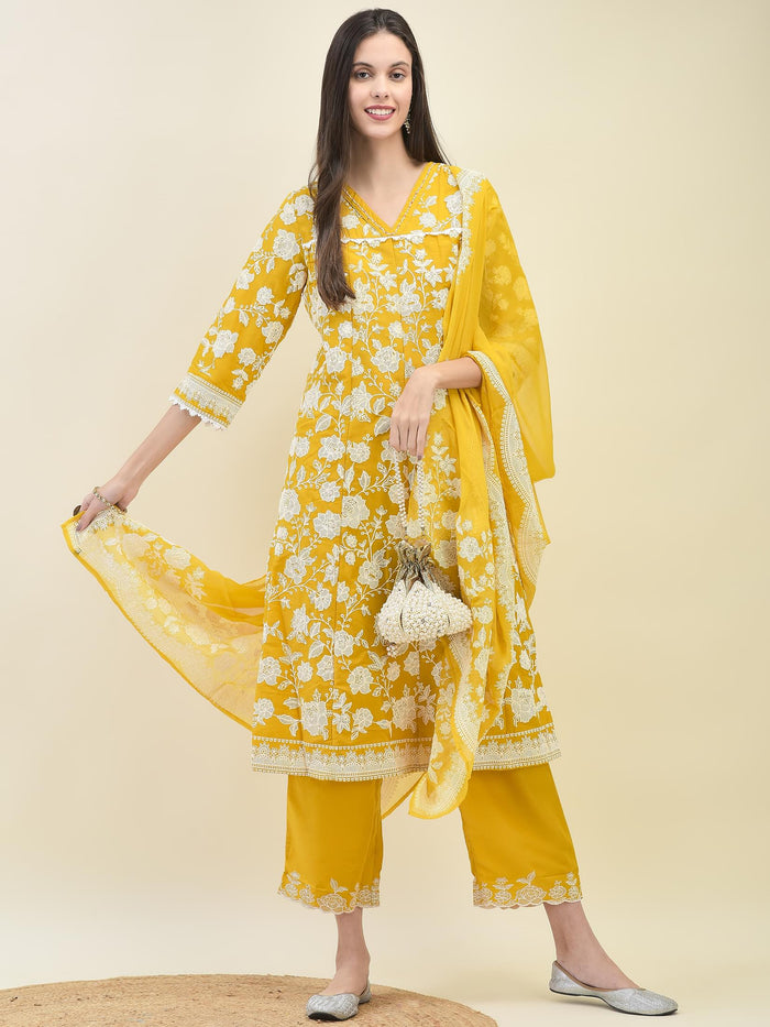 Women Mustard Yellow Chiffon Kurta Comfort Pant Dupatta.