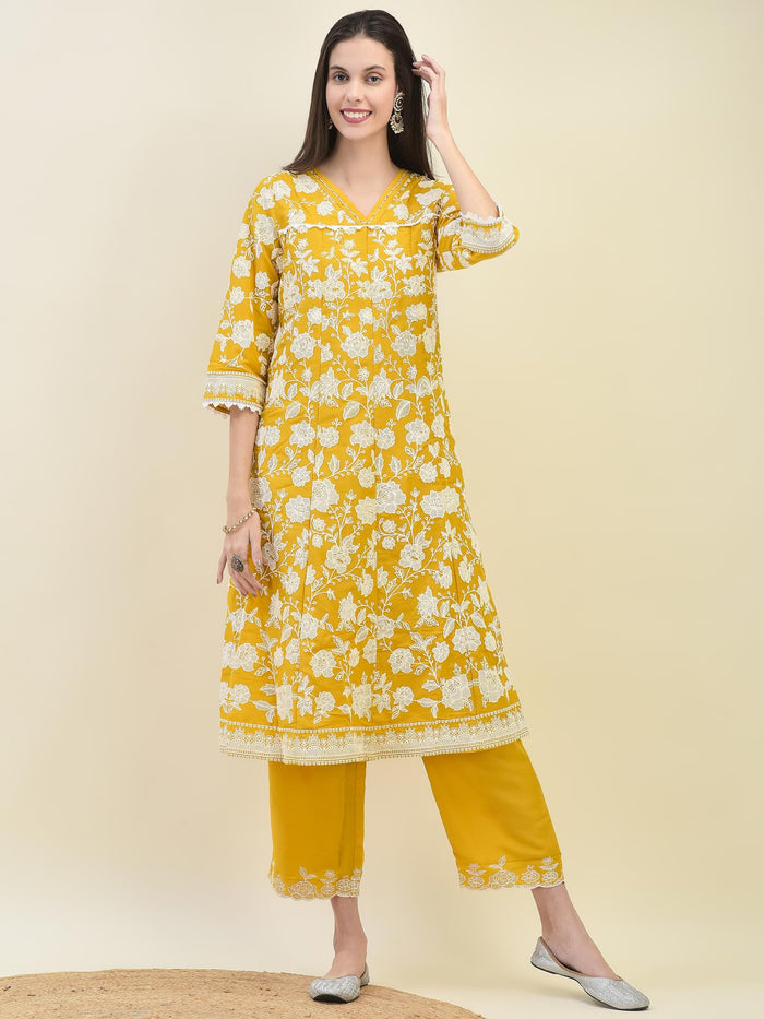 Women Mustard Yellow Chiffon Kurta Comfort Pant Dupatta.