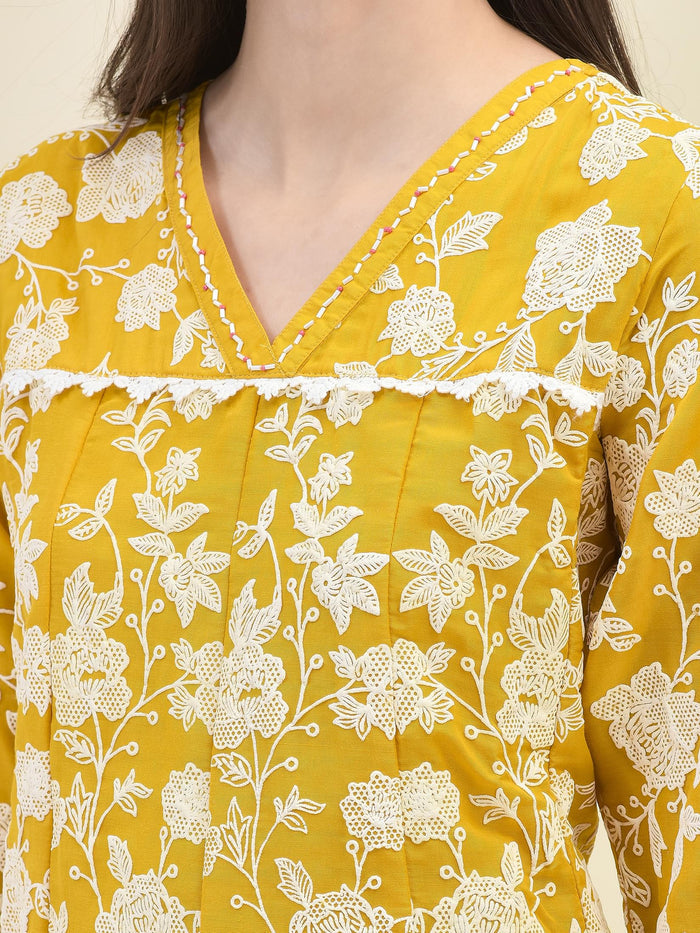 Women Mustard Yellow Chiffon Kurta Comfort Pant Dupatta.