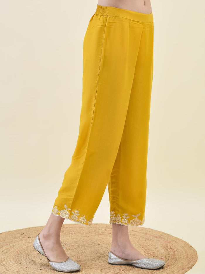 Women Mustard Yellow Chiffon Kurta Comfort Pant Dupatta.
