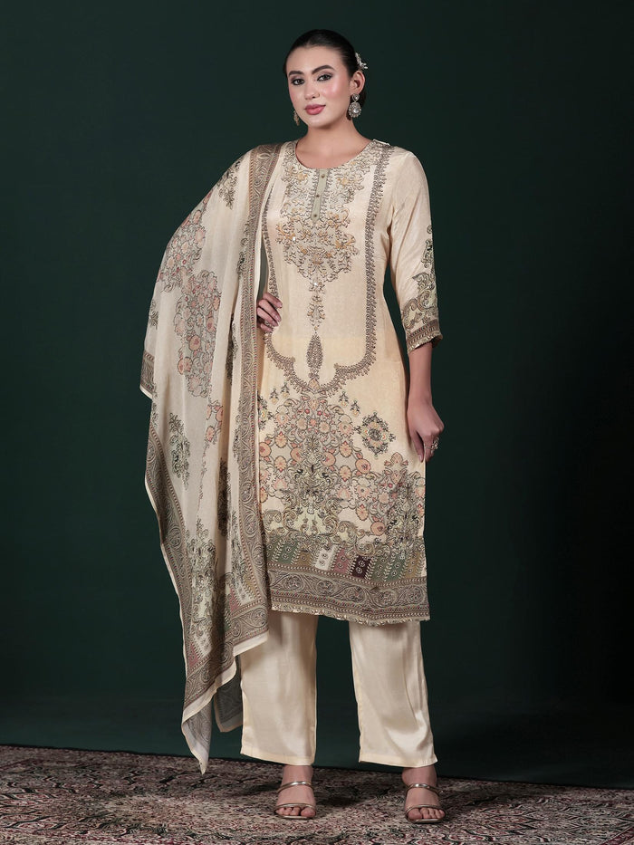 Women Natural Crepe Beige Printed Kurta Comfort Pant Dupatta.