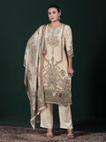 Women Natural Crepe Beige Printed Kurta Comfort Pant Dupatta.