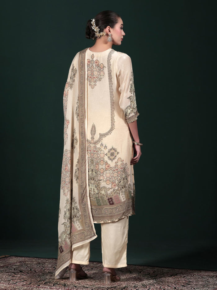 Women Natural Crepe Beige Printed Kurta Comfort Pant Dupatta.