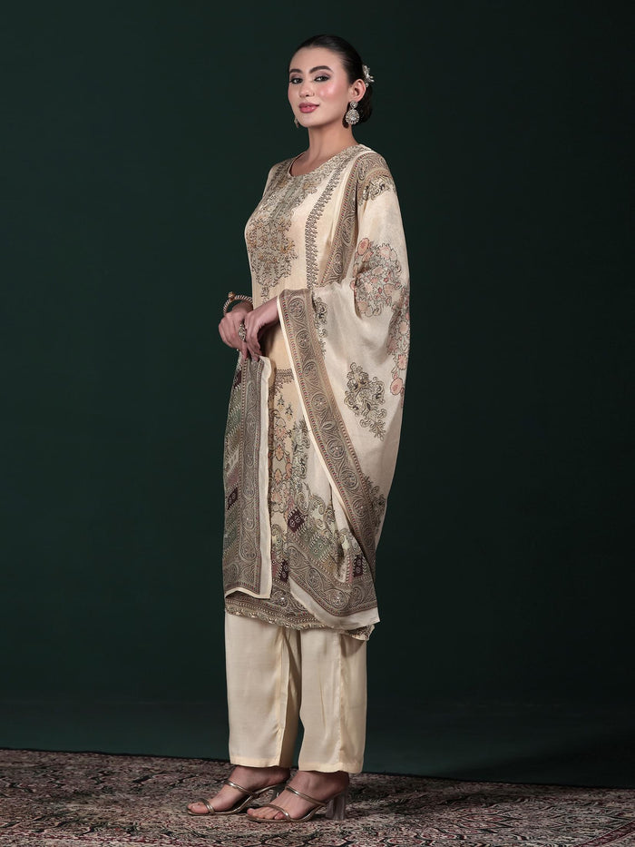 Women Natural Crepe Beige Printed Kurta Comfort Pant Dupatta.