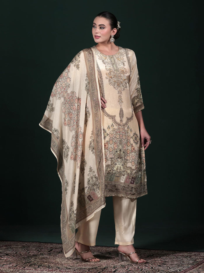 Women Natural Crepe Beige Printed Kurta Comfort Pant Dupatta.