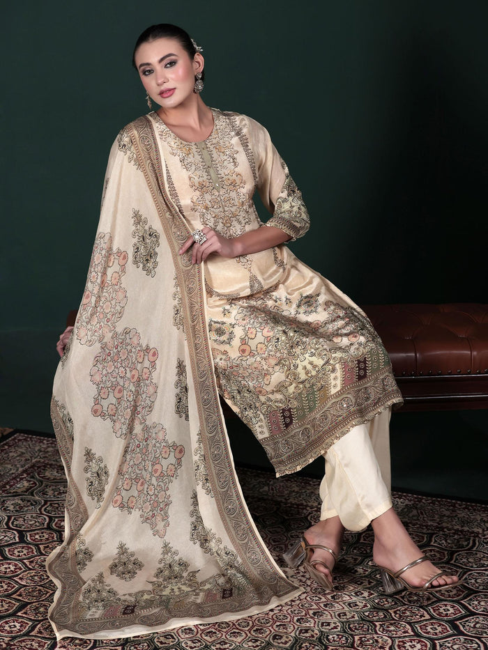 Women Natural Crepe Beige Printed Kurta Comfort Pant Dupatta.