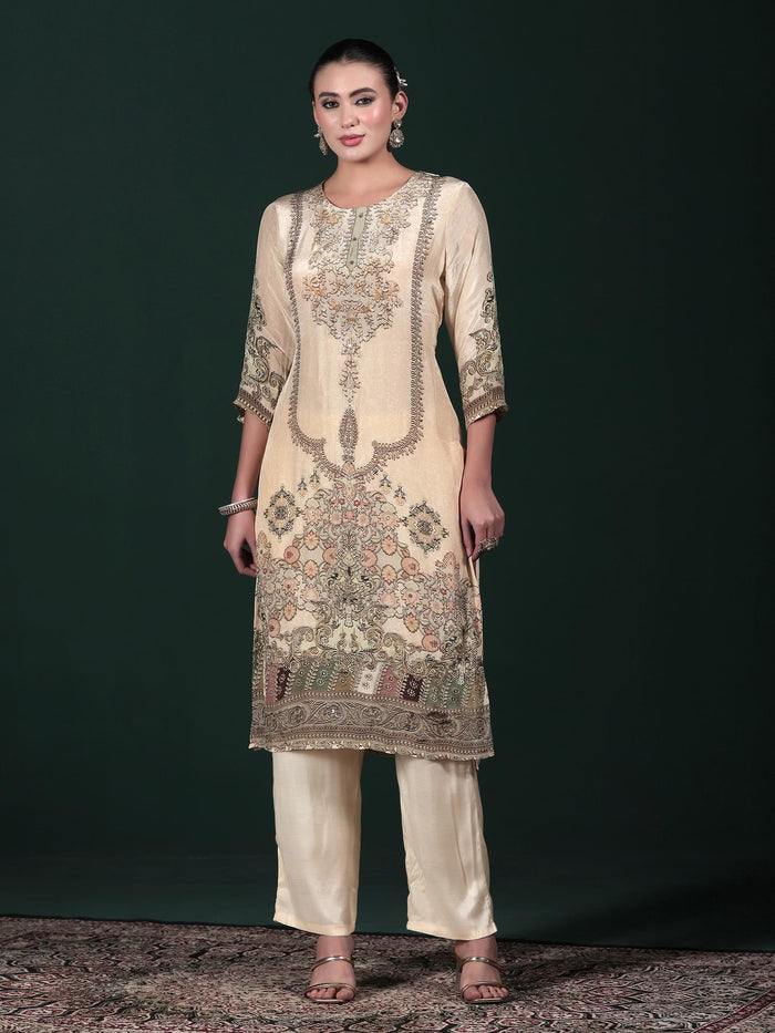 Women Natural Crepe Beige Printed Kurta Comfort Pant Dupatta.