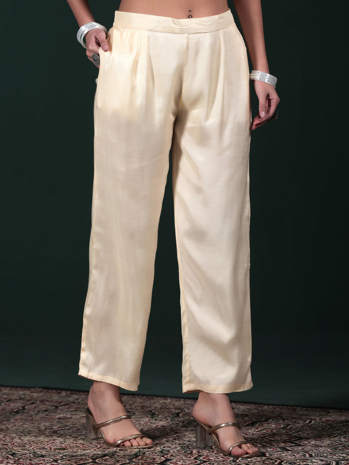 Women Natural Crepe Beige Printed Kurta Comfort Pant Dupatta.