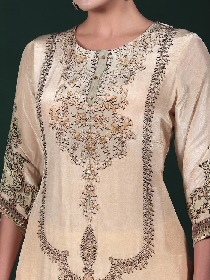 Women Natural Crepe Beige Printed Kurta Comfort Pant Dupatta.