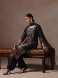 Women Natural Crepe Black Printed Kurta Comfort Pant Dupatta.