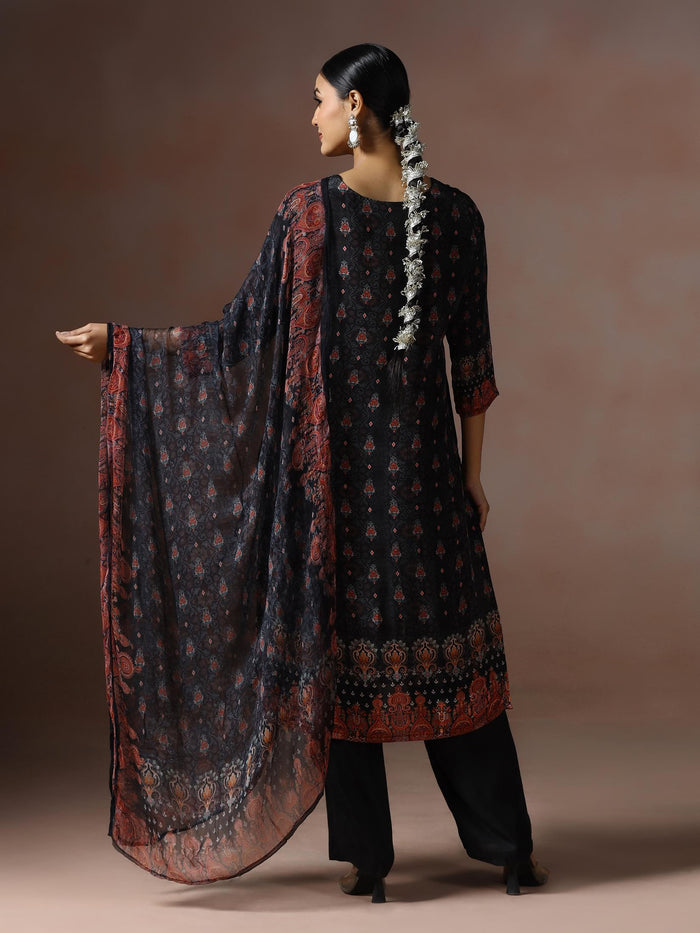 Women Natural Crepe Black Printed Kurta Comfort Pant Dupatta.