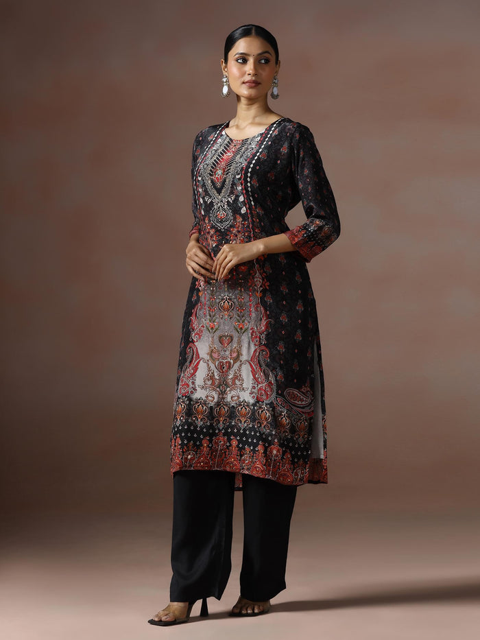 Women Natural Crepe Black Printed Kurta Comfort Pant Dupatta.