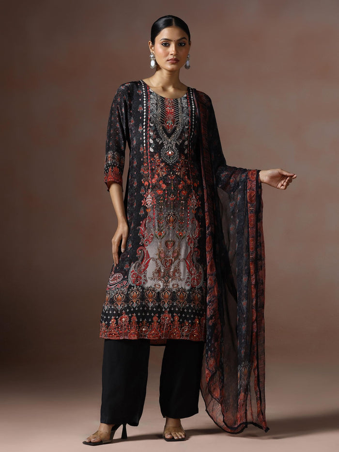 Women Natural Crepe Black Printed Kurta Comfort Pant Dupatta.