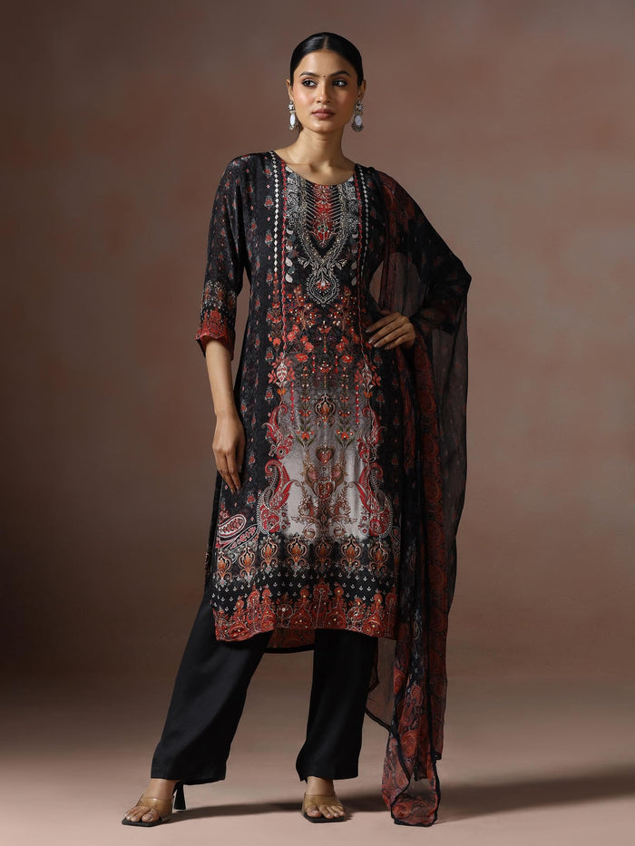 Women Natural Crepe Black Printed Kurta Comfort Pant Dupatta.