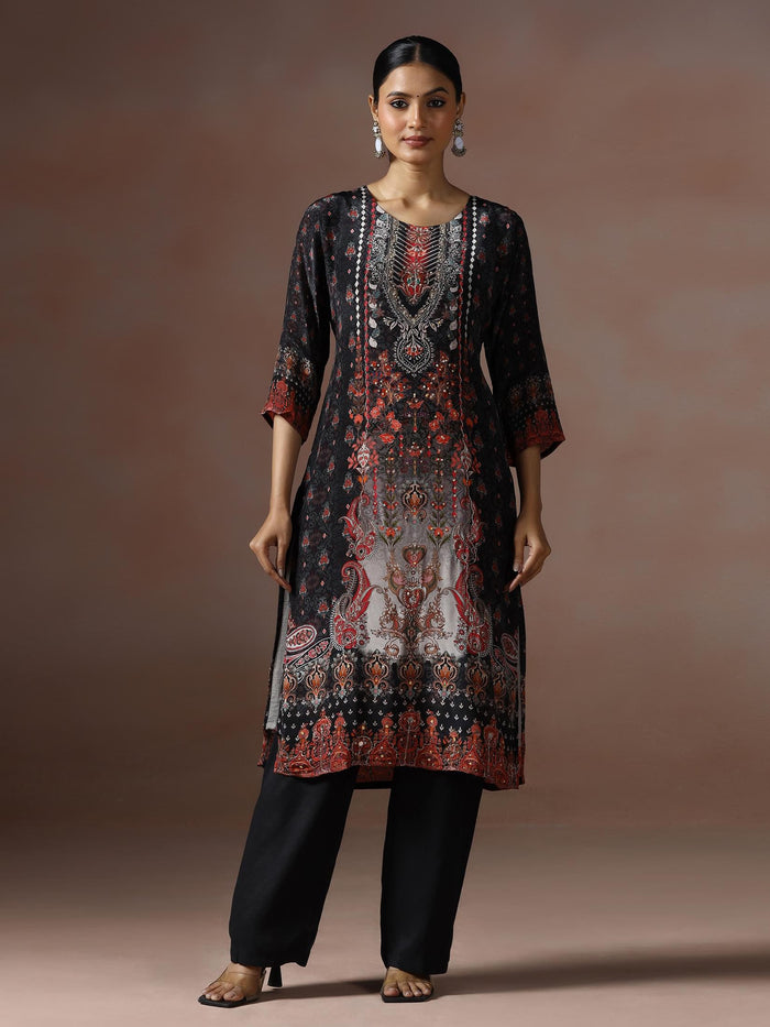 Women Natural Crepe Black Printed Kurta Comfort Pant Dupatta.