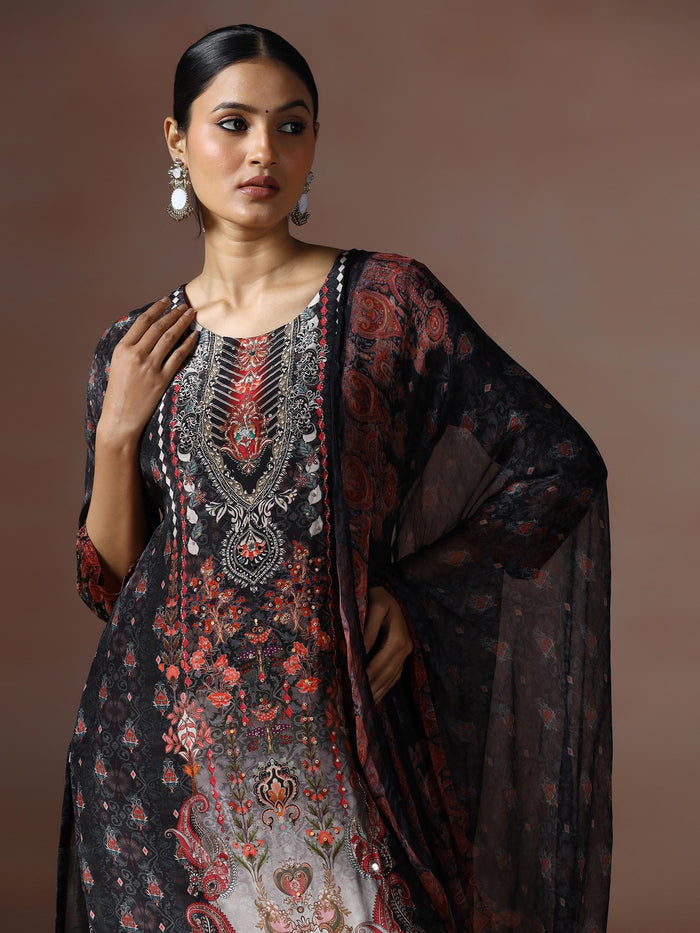 Women Natural Crepe Black Printed Kurta Comfort Pant Dupatta.