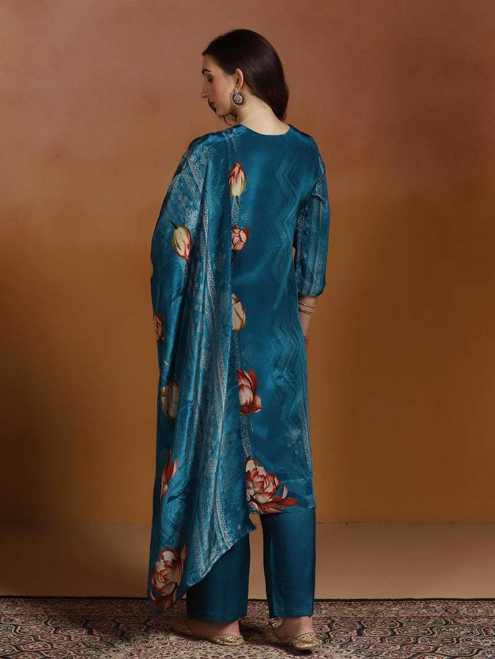 Women Natural Crepe Blue Printed Kurta Comfort Pant Dupatta.