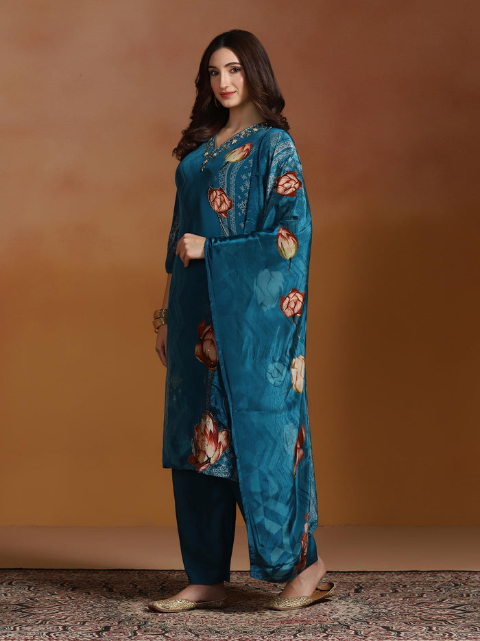 Women Natural Crepe Blue Printed Kurta Comfort Pant Dupatta.