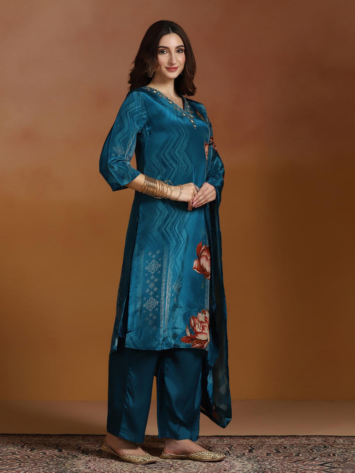 Women Natural Crepe Blue Printed Kurta Comfort Pant Dupatta.