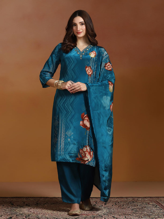 Women Natural Crepe Blue Printed Kurta Comfort Pant Dupatta.