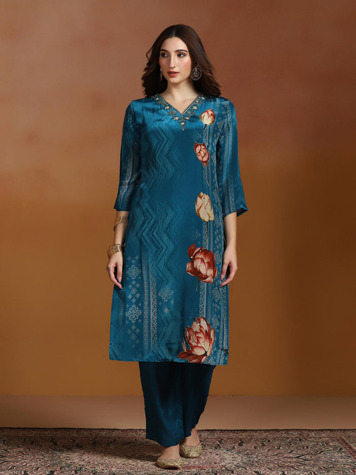 Women Natural Crepe Blue Printed Kurta Comfort Pant Dupatta.
