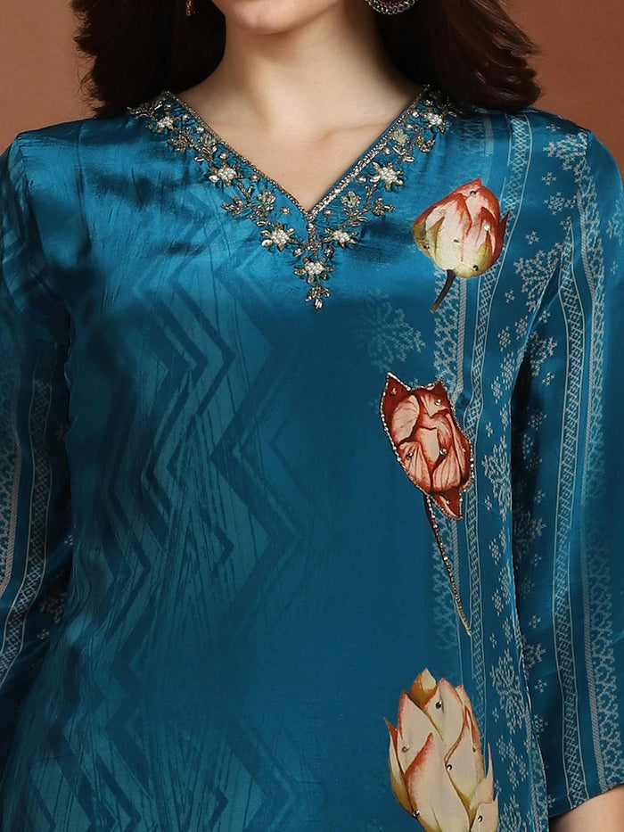 Women Natural Crepe Blue Printed Kurta Comfort Pant Dupatta.