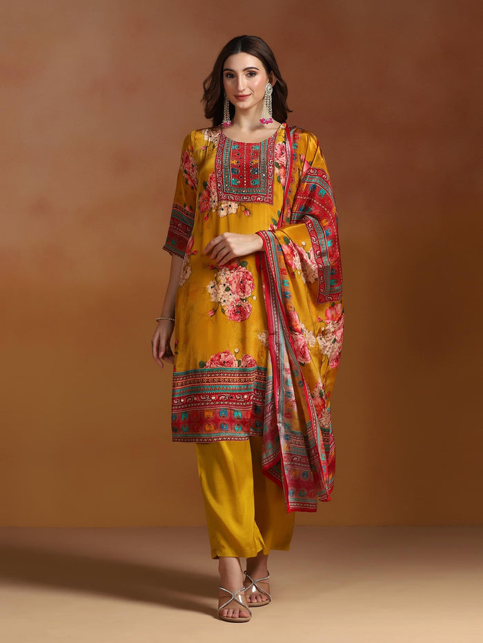 Women Natural Crepe Mustard Printed Kurta Comfort Pant Dupatta.