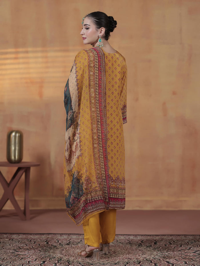 Women Natural Crepe Mustard Printed Kurta Comfort Pant Dupatta.