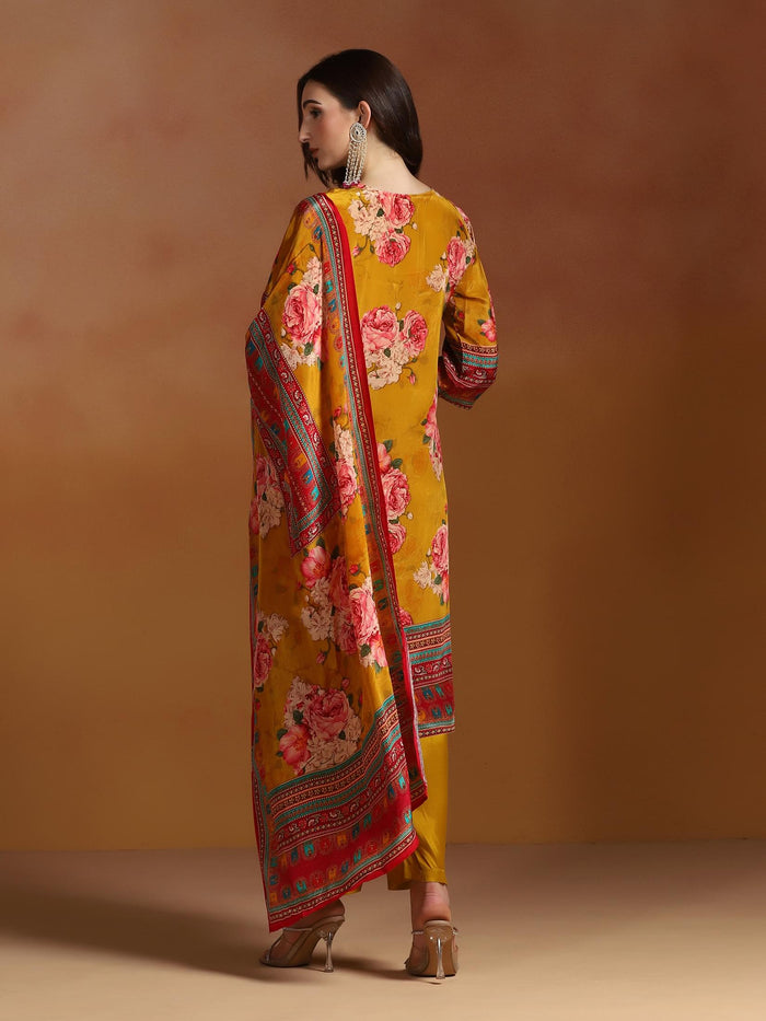 Women Natural Crepe Mustard Printed Kurta Comfort Pant Dupatta.