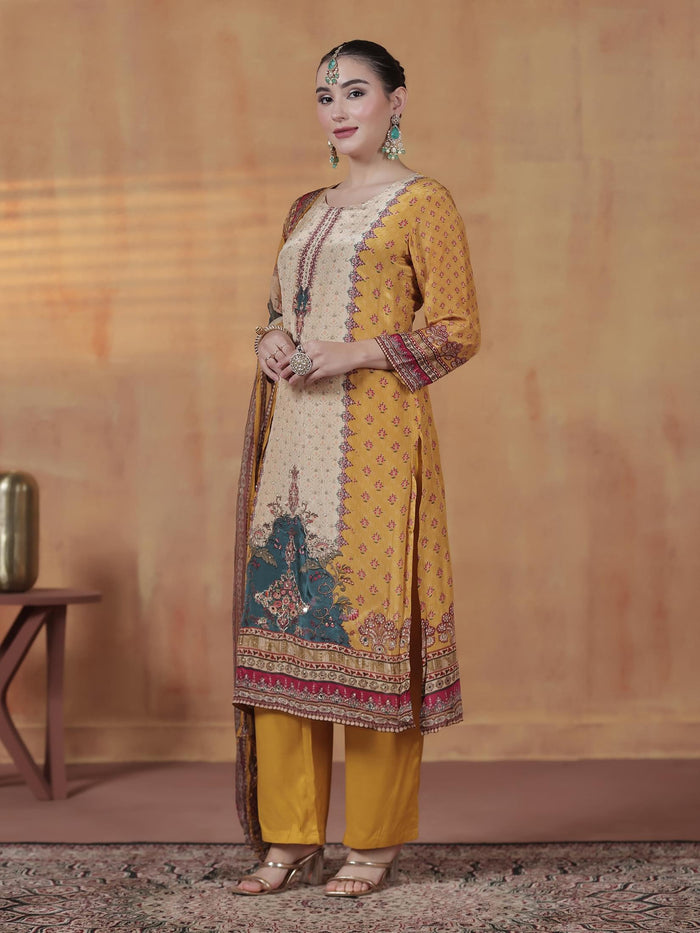 Women Natural Crepe Mustard Printed Kurta Comfort Pant Dupatta.
