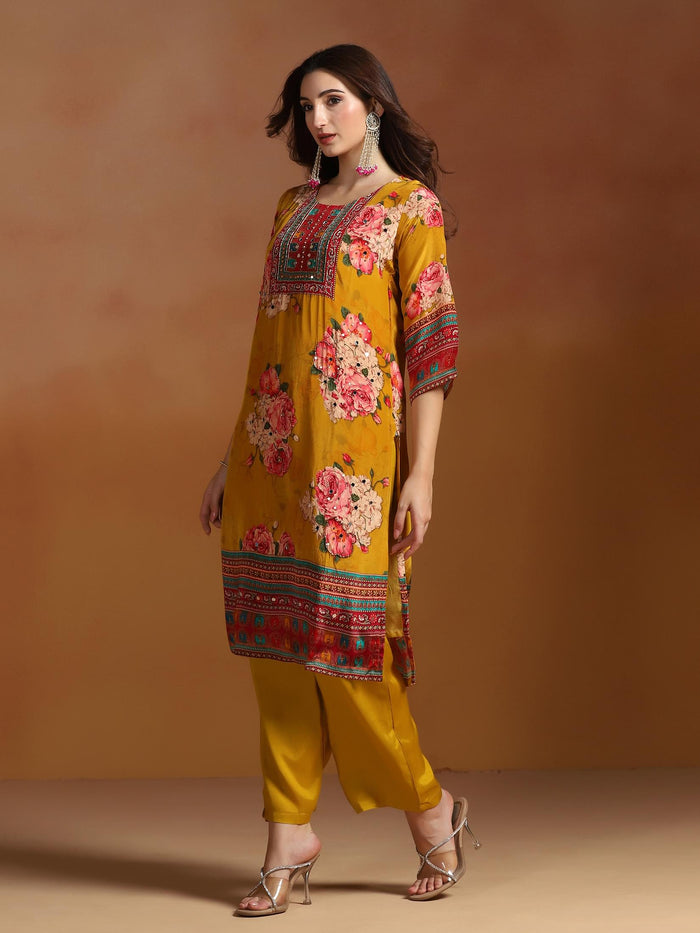 Women Natural Crepe Mustard Printed Kurta Comfort Pant Dupatta.