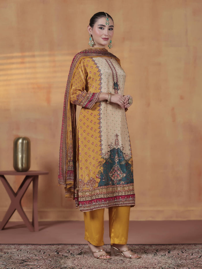 Women Natural Crepe Mustard Printed Kurta Comfort Pant Dupatta.