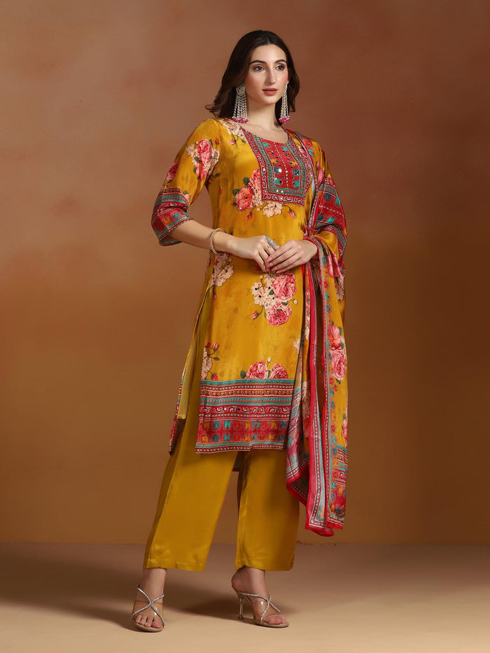 Women Natural Crepe Mustard Printed Kurta Comfort Pant Dupatta.